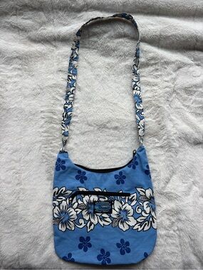 Vintage Vilamoura Surf Wear Blue Tropical Floral Canvas Crossbody Bag